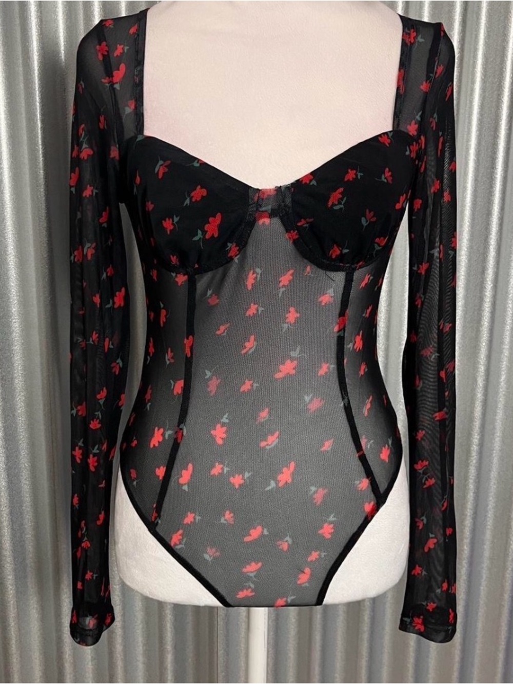 Princess Polly Sheer Charcoal Mesh Bodysuit with Coral Floral Motif